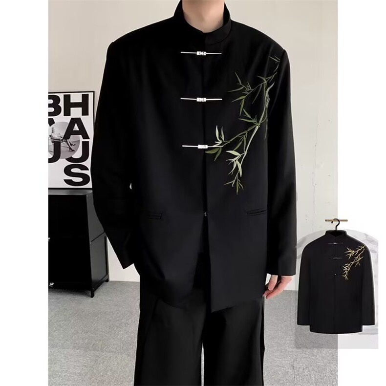 新中式立领翠竹刺绣民族风中山装外套男飞机扣风潮牌唐装JKD47，男装民族服装，星座516A