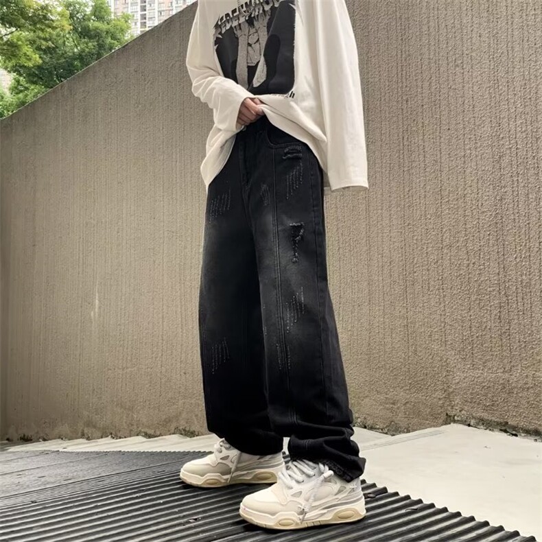 美式破洞牛仔裤男韩版潮流高街帅2024秋冬新款ins长裤K1071-P45图片