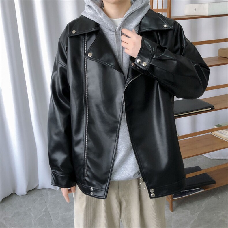 现货-春装皮衣外套男翻领休闲皮夹克潮牌PU机车服A506P90加绒100,男装夹克,电商A351