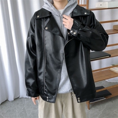 现货-春装皮衣外套男翻领休闲皮夹克潮牌PU机车服A506P90加绒100，男装夹克，电商A351