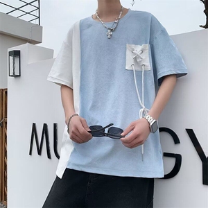 重磅不规则鹿皮绒短袖T恤男夏季休闲宽松拼接撞色设计感半袖图片