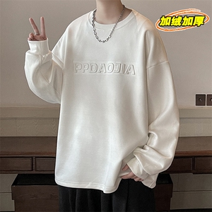 麂皮绒ins宽松卫衣男美式潮牌字母钢印打底衫W26626J加绒-P55控78图片