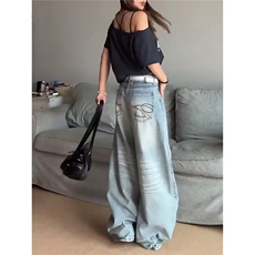 美式复古浅蓝阔腿牛仔裤新款高腰宽松直筒拖地裤子K7124-P47网图，女装休闲裤，电商B245