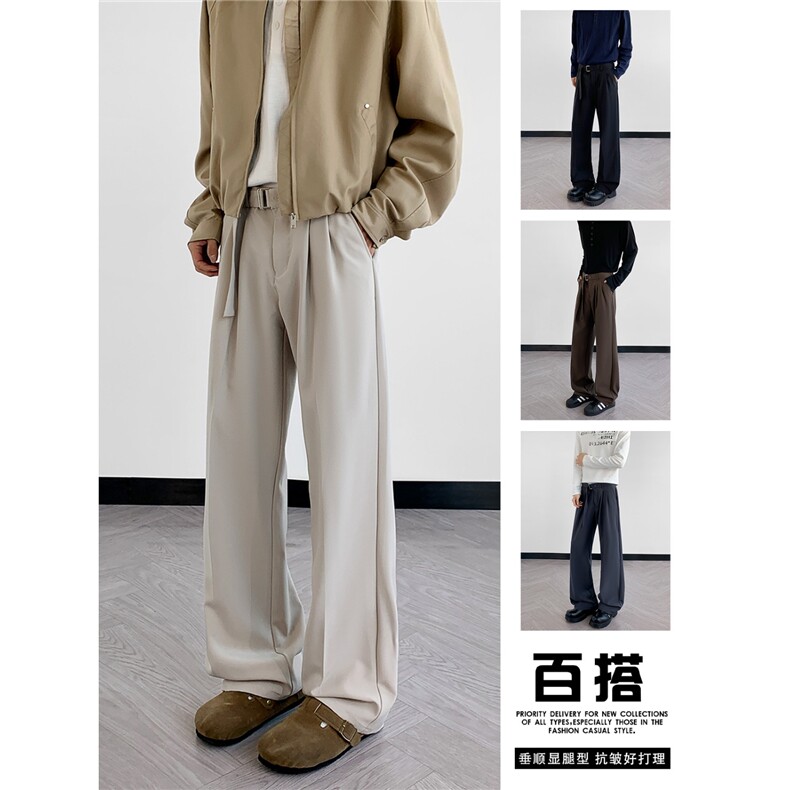 那不勒斯男士西裤垂感高级感自带腰带休闲裤子高腰轻奢直筒西装裤,男装西服套装,星座813-2