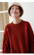 2025年秋季新款百搭女士三股绞花袖毛衣，女装羊毛衫，宛庄羊绒