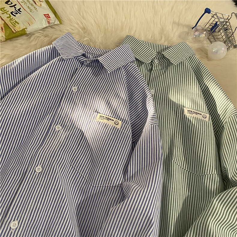 蓝白条纹长袖衬衫男女休闲情侣宽松秋款衬衣外套CS15-P40，男装衬衫，星座222-7