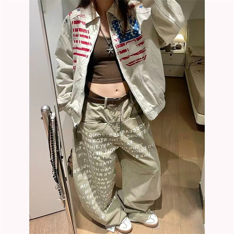 美式复古字母弯刀工装牛仔裤女阔腿宽松直筒休闲卡其色裤子,男装牛仔裤,星座1210-1