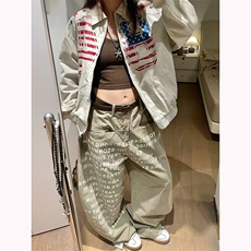美式复古字母弯刀工装牛仔裤女阔腿宽松直筒休闲卡其色裤子，男装牛仔裤，星座1210-1
