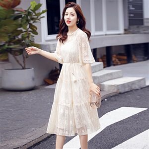 夏季特价高质感孕妇短袖连衣裙舒适凉快圆领气质蕾丝长裙，女装连衣裙，美吧服饰