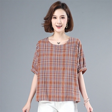 2021年夏季时尚潮流简约舒适优雅个性格子圆领上衣，女装大码女装，悦见她