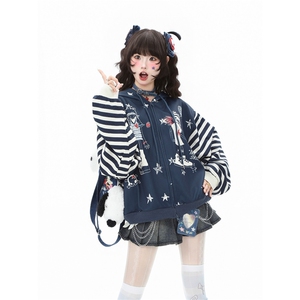 蓝鬼公园Languid Park小众复古拼接条纹卫衣外套女秋季棒球服上衣图片
