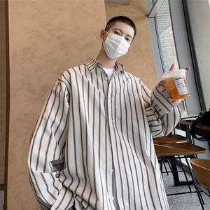条纹长袖衬衫男夏季新款日系复古潮流青少年学生宽松休闲衬衣外套图片