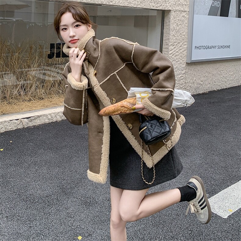 美拉德皮毛一体羊羔毛外套女冬2024新款加绒加厚机车服麂皮绒夹克,女装短外套,2C085