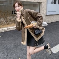 美拉德皮毛一体羊羔毛外套女冬2024新款加绒加厚机车服麂皮绒夹克，女装短外套，2C085