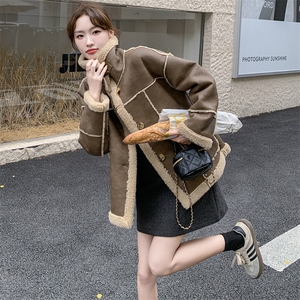美拉德皮毛一体羊羔毛外套女冬2024新款加绒加厚机车服麂皮绒夹克图片