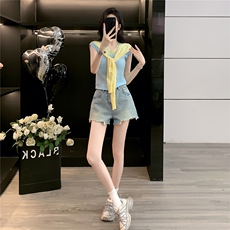 韩系温柔风时尚套装女夏款V领系带披肩假两件上衣牛仔短裤两件套，女装套装/套裙，江南