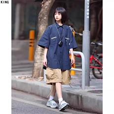 单件日系复古短袖衬衫男女大口袋日系工装五分裤夏季套装，男装牛仔裤，星座1210-1
