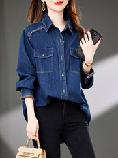 翻领单排扣牛仔衬衫外套女宽松2025中年妈妈百搭叠穿小个子衬衣潮，女装衬衫，浙宝2-166