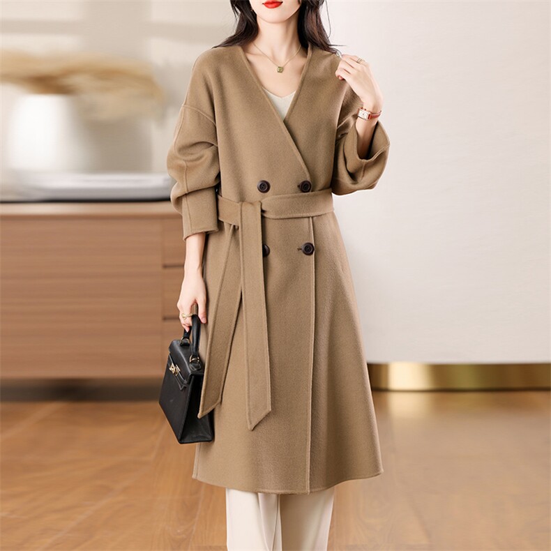 V领双面羊毛大衣女中长款2024秋冬新款双面呢大衣，女装双面呢大衣，众策羊绒