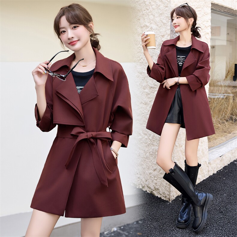 现货风衣2025年新款秋中长款小个子减龄百搭风休闲外套风衣送腰带，女装风衣，韩美纤衣