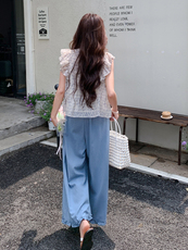 甜美减龄荷叶边V领上衣套装女2025年夏季新款松弛感阔腿裤两件套，女装套装/套裙，浙宝220