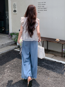 甜美减龄荷叶边V领上衣套装女2025年夏季新款松弛感阔腿裤两件套图片