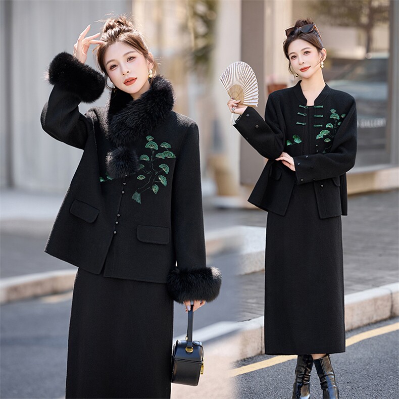 芷墨2025年冬季新款绣花新中式毛呢外套半身裙双面呢两件套装裙，女装套装/套裙，芷墨服饰