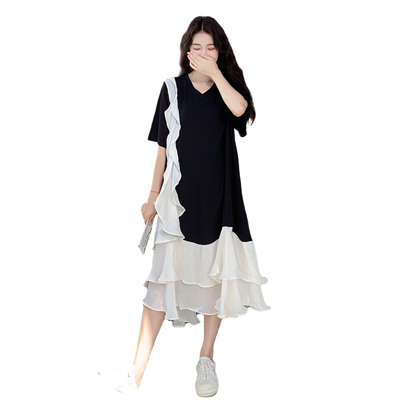 设计感荷叶边撞色拼接连衣裙女夏季2025新款独特绝美巨好看的长裙,女装连衣裙,2C275