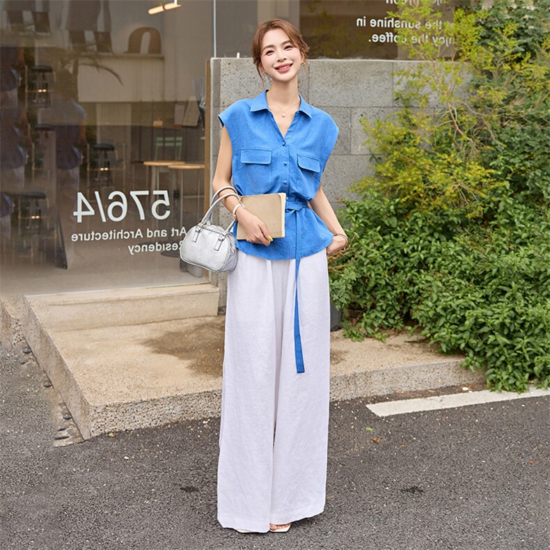 轻熟风气质套装女2025夏季新款时尚显瘦无袖马甲衬衫阔腿裤两件套,女装套装/套裙,艾仟回(原伊仟回)