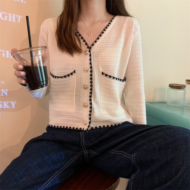 价韩版重工小香风金属扣V领显瘦长袖针织开衫上衣,女装蕾丝衫/雪纺衫,潮品会