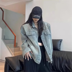 现货高街辣妹美式复古重工铆钉牛仔外套女春秋季宽松bf慵懒风夹克图片
