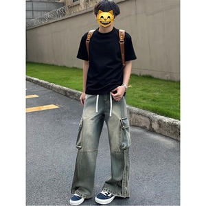 现货春季牛仔裤男飘带工装美式垂感宽松裤子-A1430P55控88