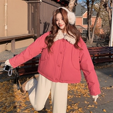 新款现货玫红色羊羔毛拼接羽绒服515-P225-K338(50绒），女装羽绒服，2C007