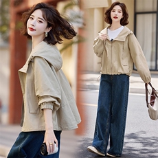 2024秋装新款连肩袖大码双拉链风衣女短款外套，女装风衣，梦芯尔