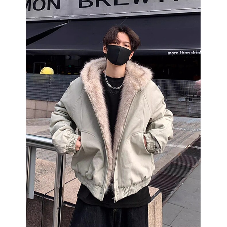 网图连帽座山雕pu皮加绒荔枝纹座山雕领棉衣外套，男装皮衣，电商A426-1(原A430-1)