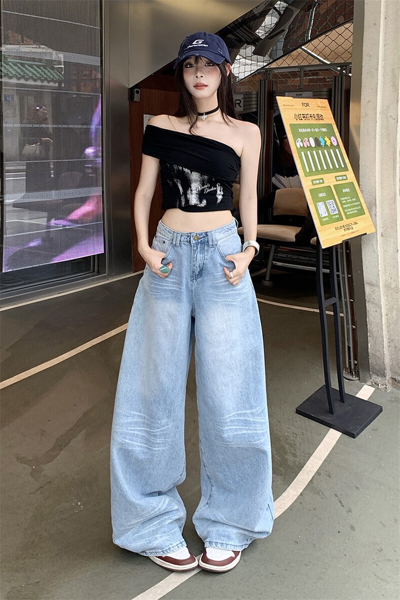 美式复古做旧牛仔裤薄款夏季男女新款阔腿裤宽松直筒裤YD9027-P75,男装牛仔裤,星座509