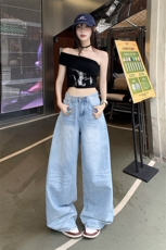 美式复古做旧牛仔裤薄款夏季男女新款阔腿裤宽松直筒裤YD9027-P75，男装牛仔裤，星座509