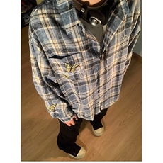美式水洗做旧蝴蝶刺绣格子衬衫长袖男女宽松休闲百搭衬衣C6050，男装衬衫，星座1116A（原606A-3）