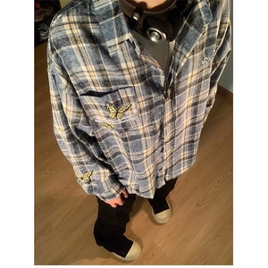 美式水洗做旧蝴蝶刺绣格子衬衫长袖男女宽松休闲百搭衬衣 C6050图片