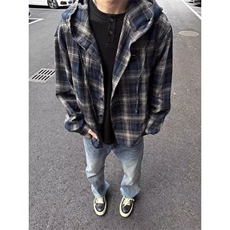 美式复古连帽衬衫男女春款街头宽松休闲百搭撞色格纹衬衣CT20，男装衬衫，星座1116A（原606A-3）