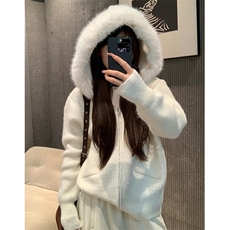 连帽拉链针织外套女拼接毛领秋冬新款韩系慵懒风开衫MTK79，女装短外套，星座1116A（原606A-3）