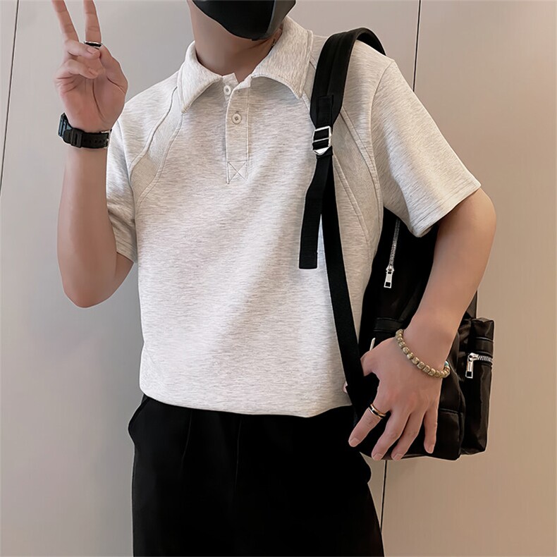 8970/P58控78夏季小伙美式拼接设计感Polo衫T恤轻奢痞帅男白灰色2,男装T恤,星座305B