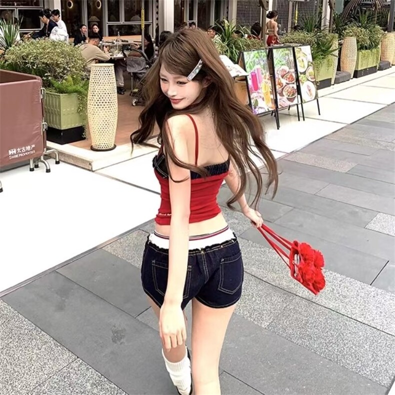 辣妹性感撞色拼接牛仔超短裤女夏季美式设计感低腰系绳毛边热裤子,男装牛仔裤,星座506A