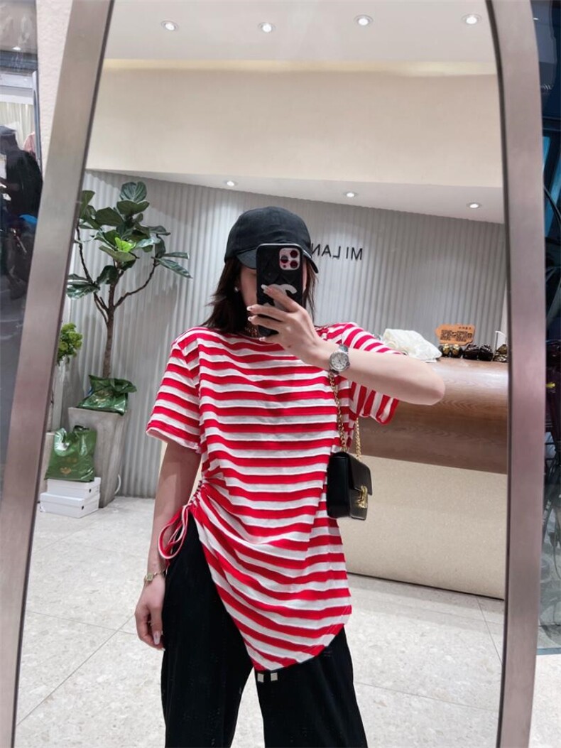 夏季新款条纹不规则抽绳短袖，其它，AT(2F)