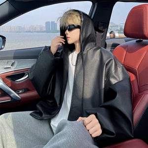 美式复古连帽皮衣外套男秋冬款痞帅高级感机车服潮牌PU皮夹克图片