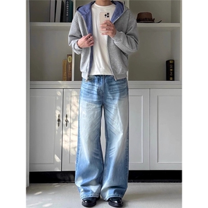 美式灰色开衫连帽卫衣男秋季cleanfit高级感miu系格纹双面穿外套图片