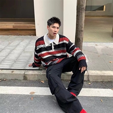 秋冬美式复古慵懒条纹做旧磨烂流苏针织衫翻领毛衣，男装针织衫/毛衣，星座716-2
