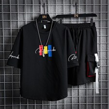 夏季潮男短袖T恤套装男宽松工装裤青少年两件套F179P70，男装休闲套装，电商A086