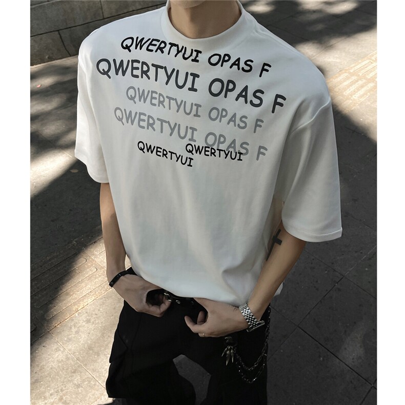 美式字母印花半高领白色t恤男款夏季潮牌高级感痞帅半袖短袖内搭图片