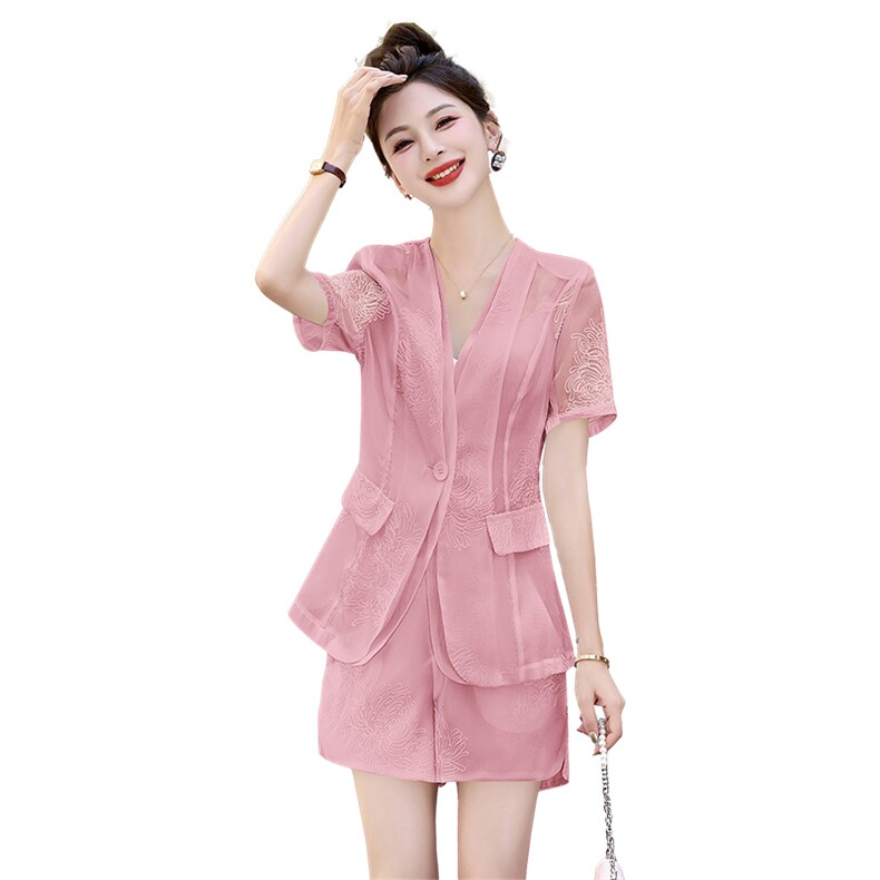 欧货时尚刺绣短裤套装女2025夏款今年流行漂亮气质炸街西装两件套,女装套装/套裙,韩美纤衣